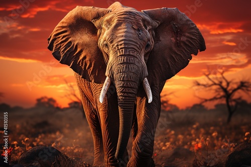 Amidst the tranquility of the wilderness, an elephant roams freely in its natural habitat, illuminated by the golden glow of a sunset