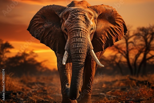 A majestic elephant strolls through its natural habitat as the sun sets, creating a picturesque scene of peace and harmony © Dejan