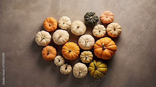 A group of pumpkins on a tan color stone
