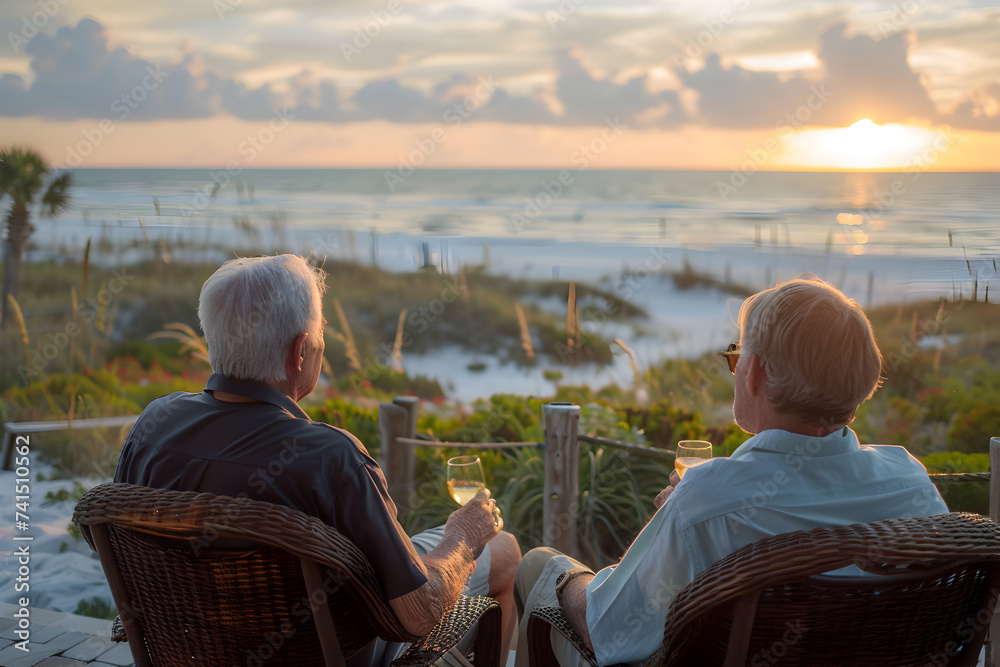 Senior concept - elderly couple engoys sunset with wine