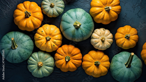 A group of pumpkins on a aqua color stone