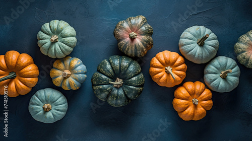 A group of pumpkins on a azure color stone