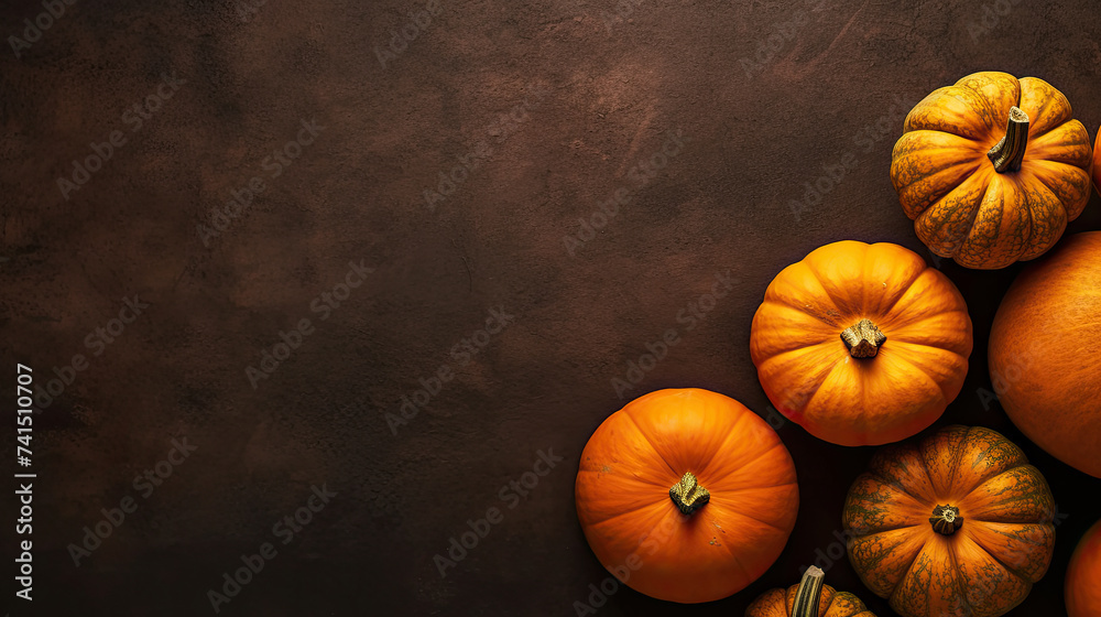 A group of pumpkins on a dark orange color stone A group of pumpkins on a dark orange color stone