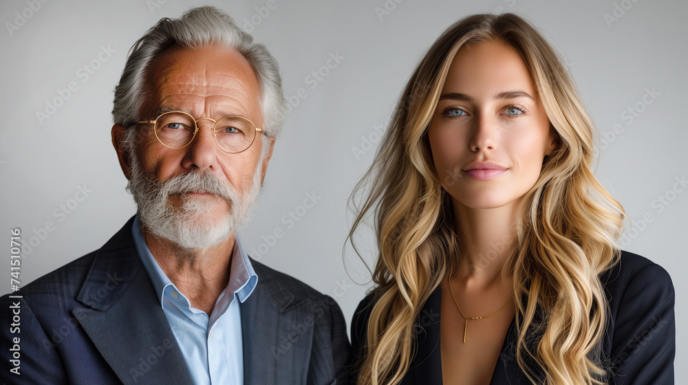 Charismatic businessman and woman in a portrait, full-set studio lighting, white contemporary office. Charismatic businessman and woman in a portrait, full-set studio lighting, white contemporary office.