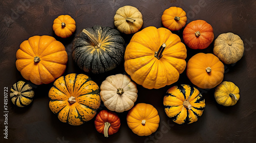 A group of pumpkins on a dark yellow color stone