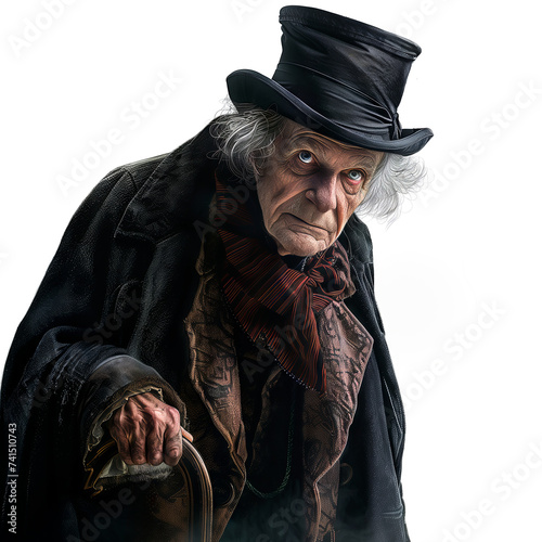 Illustration of Ebenezer Scrooge from Charles Dickens A Christmas carol cut out and isolated on a white background