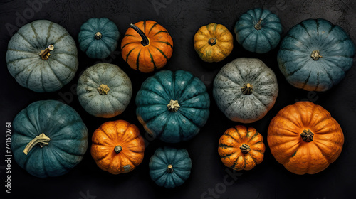 A group of pumpkins on a dark cyan color stone
