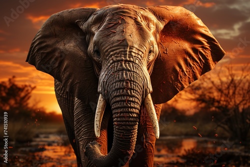 A majestic elephant strolls through its natural habitat as the sun sets  creating a picturesque scene of peace and harmony