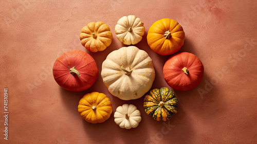 A group of pumpkins on a light red color stone