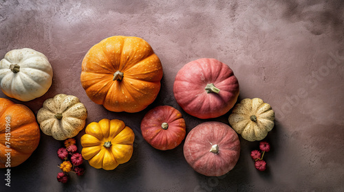 A group of pumpkins on a light maroon color stone