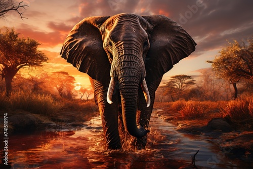 In a serene moment captured at dusk, an elephant wanders through its natural habitat, framed by the warm hues of a setting sun © Dejan