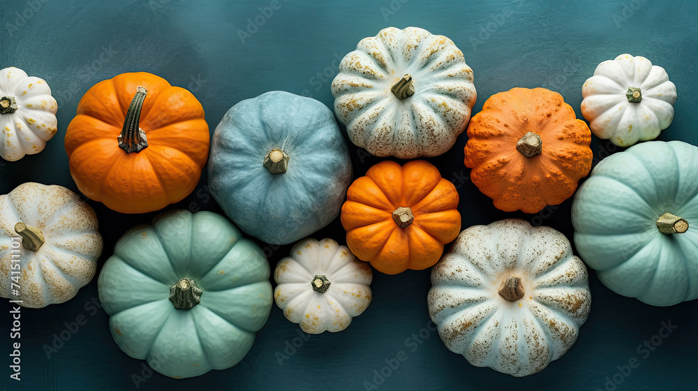 A group of pumpkins on a light cyan color stone