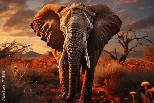 Amidst the tranquility of the wilderness, an elephant roams freely in its natural habitat, illuminated by the golden glow of a sunset © Dejan