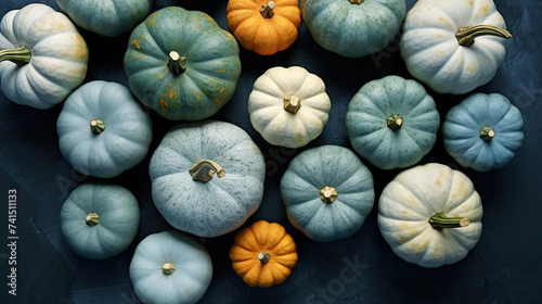 A group of pumpkins on a light cyan color stone