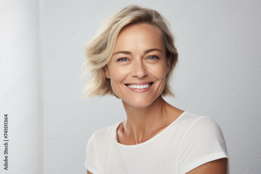 Happy attractive confident young adult or mid aged European woman posing for beauty aesthetic portrait. Beautiful lady smiling on background, attractive female model looking at camera. Close up face . Happy attractive confident young adult or mid aged European woman posing for beauty aesthetic portrait. Beautiful lady smiling on background, attractive female model looking at camera. Close up face .
