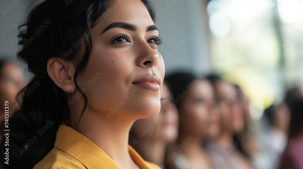 A proud Latin American woman surrounded by other women in office, at meeting, in business environment. portrait of confident businesswomen. Bokeh in background. AI generated. A proud Latin American woman surrounded by other women in office, at meeting, in business environment. portrait of confident businesswomen. Bokeh in background. AI generated.
