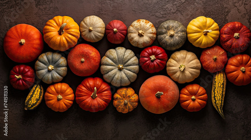 A group of pumpkins on a vivid red color stone