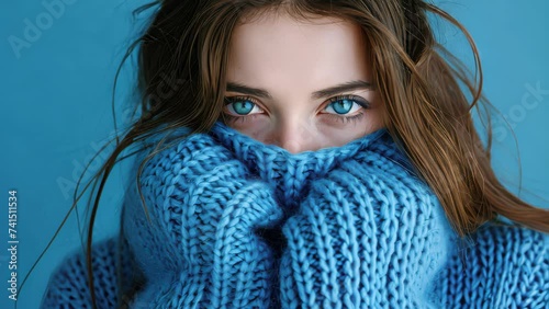 Blue moday concept. Woman in blue turtleneck knitted sweater sadly looking at camera. photo