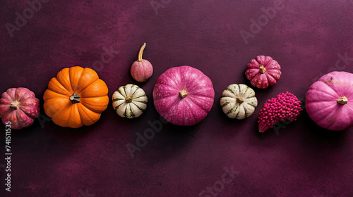 A group of pumpkins on a vivid magenta color stone