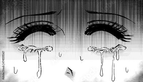 恐怖に怯えて泣く少女漫画風キャラクターの白目ドアップイラスト photo