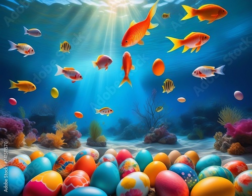 a group of fish swimming over a group of easter eggs in an ocean with corals and seaweed on the bottom