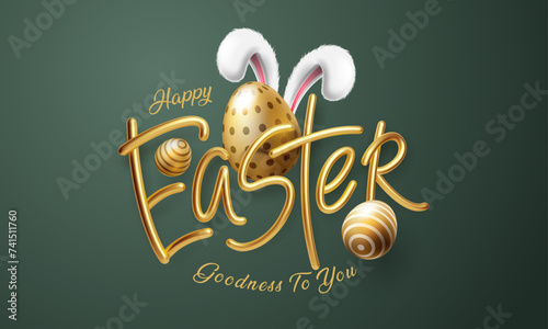 Easter greeting background with realistic golden easter eggs and rabbit. Easter greeting card, banner and poster template design. Vector illustration (ID: 741511760)