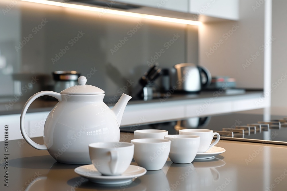modern teapot and cups arranged on a sleek kitchen counter modern teapot and cups arranged on a sleek kitchen counter