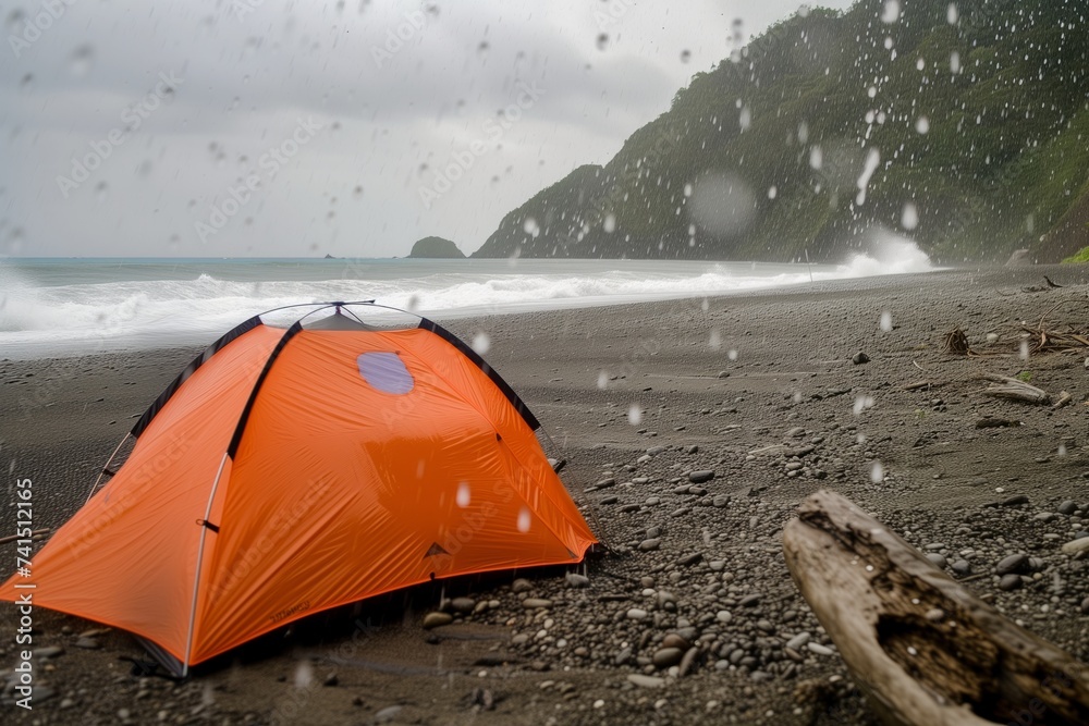 tent pitched on a beach, waves and rain collide nearby