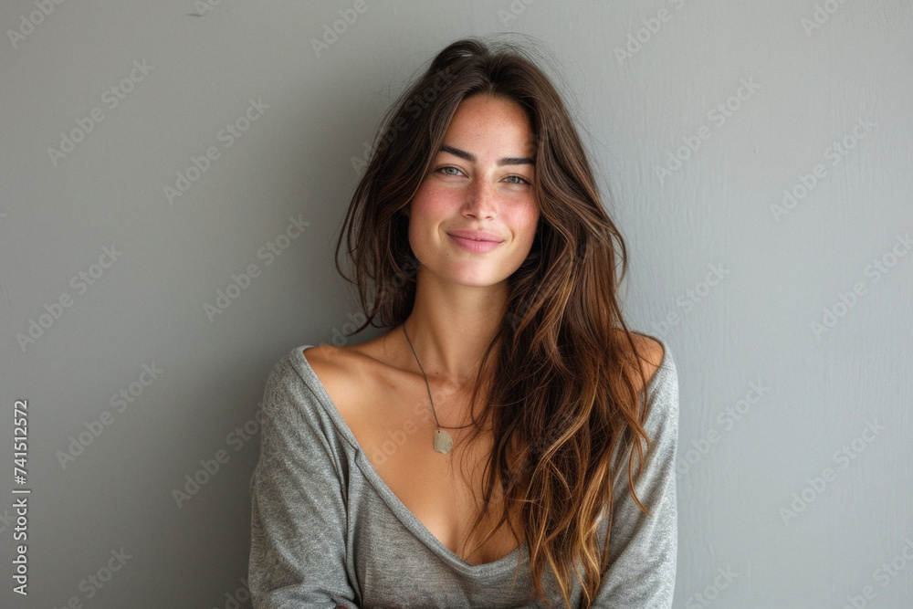 Happy attractive confident young adult or mid aged European woman posing for beauty aesthetic portrait. Beautiful lady smiling on background, attractive female model looking at camera. Close up face . - obrazy, fototapety, plakaty 