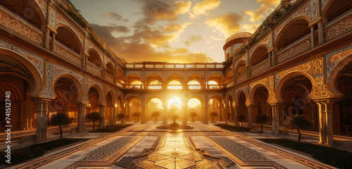 A palace with mosaic tiles and a central courtyard, under a warm, golden sunset sky photo