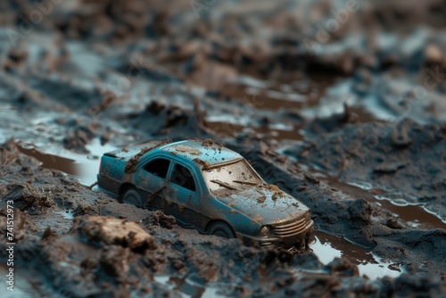 mudsplattered toy car halfsubmerged in wet dirt photo