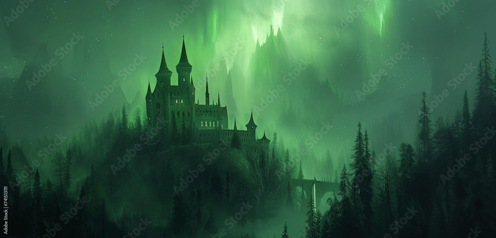 A fairy tale palace with soaring towers, surrounded by a mystical forest, under a green aurora sky