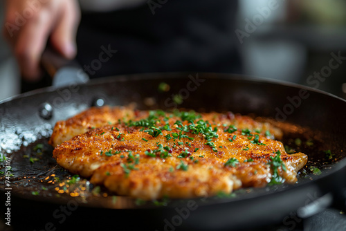 frying pan with meat 