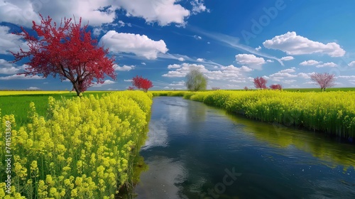 The scenic countryside in spring: meandering river, yellow radish flowers in fields, trees with red blossoms, under a blue sky with white clouds