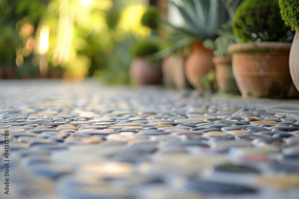 pebble mosaic walkway with blurred botanical topiaries pebble mosaic walkway with blurred botanical topiaries