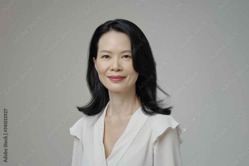 Beautiful confident Asian woman of middle age posing for portrait. Pretty mature adult lady model from Asia looking at camera smiling on background advertising products and services. Close up face . Beautiful confident Asian woman of middle age posing for portrait. Pretty mature adult lady model from Asia looking at camera smiling on background advertising products and services. Close up face .