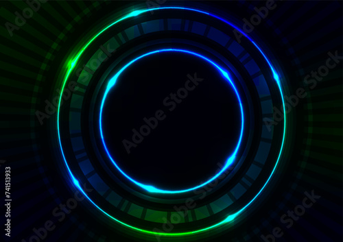 Green circle len light technology neon blue dark background
