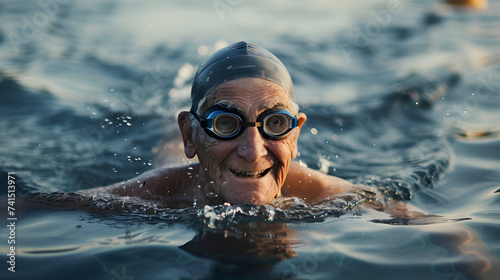 an elderly man swims in a lake in summer © Olga