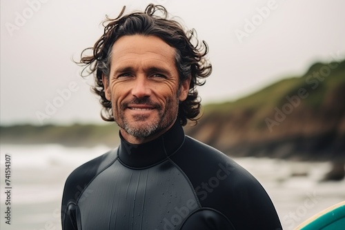 Portrait of a smiling senior man with surfboard at the beach © Nerea