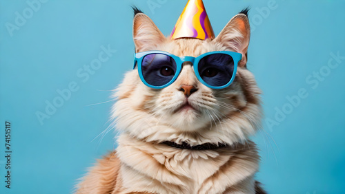 cut scotish pold cat in party hat and sunglasses over blue color background Generative AI photo