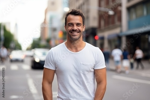 Portrait of a handsome young man smiling at the camera on the street