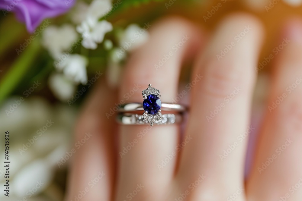 detail of a sapphire engagement ring on a persons finger, bouquet background