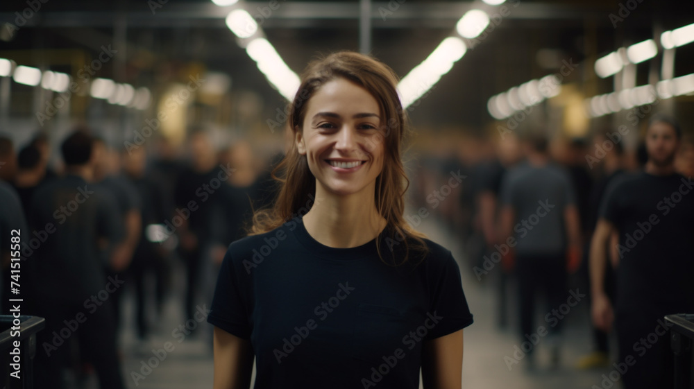 woman business owner in black t-shirt standing in industrial plant