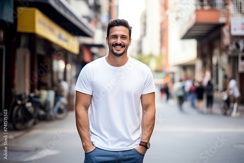 Portrait of a handsome young man in casual clothes standing in the street and smiling at the camera
