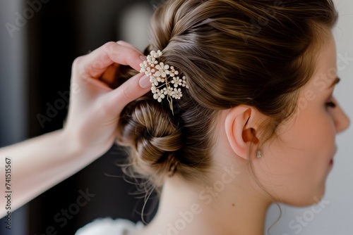 lady adjusting a floral hair pin in her bun