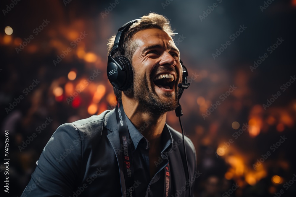 With energy and enthusiasm, a motivational speaker delivers a powerful message to the crowd while wearing a headset, igniting inspiration and motivation - obrazy, fototapety, plakaty 