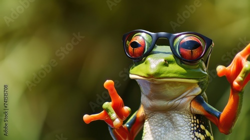 3D render of a cute green frog wearing sunglasses and pointing fingers, ideal for an animal-themed banner background for Leap Year or Leap Day celebration on February 29th photo