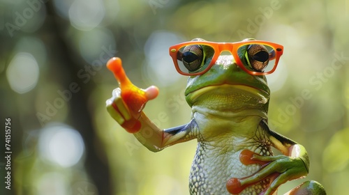 3D render of a cute green frog wearing sunglasses and pointing fingers, ideal for an animal-themed banner background for Leap Year or Leap Day celebration on February 29th