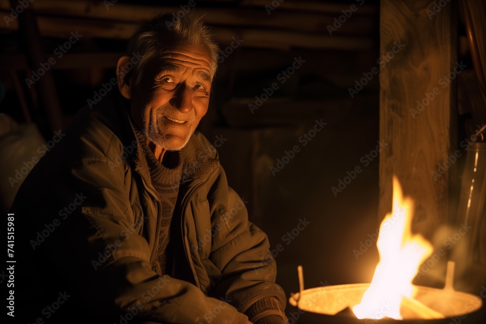 old man near firelight with a mysterious smirk