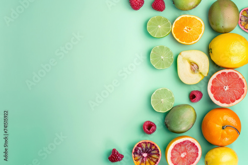 Colorful assortment of fresh fruits arranged in a flat lay  inviting and vibrant.